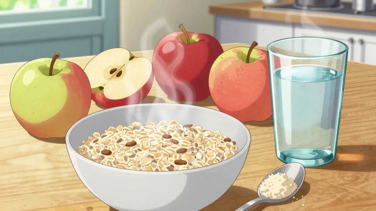 Assortiment de petits déjeuners sains avec avoine, pommes et eau.