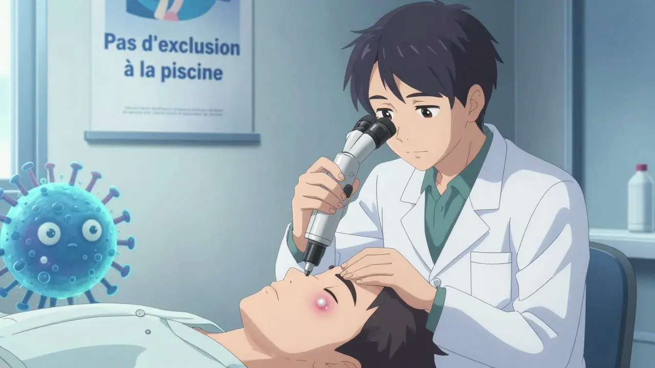 Dermatologue examinant une lésion avec un dermatoscope, dans une pièce lumineuse et apaisante.