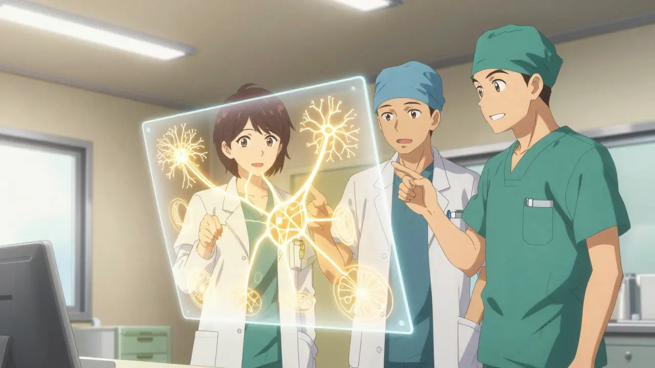 Deux médecins coordonnant un protocole de soin visuel sur les nerfs dans un style anime.