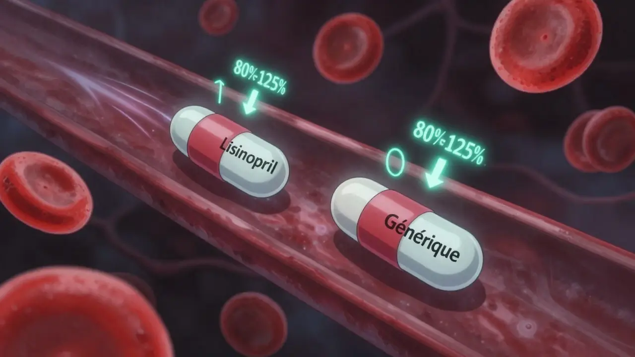 Deux molécules identiques flottent dans un vaisseau sanguin, symbolisant l'équivalence biologique entre médicament de marque et générique.
