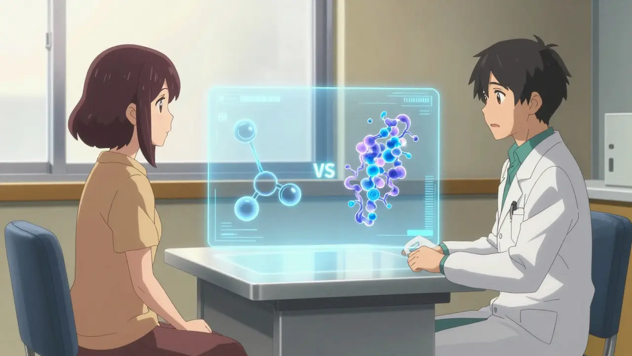 Médecin et patient regardant une animation holographique comparant les molécules de générique et de biosimilaire.
