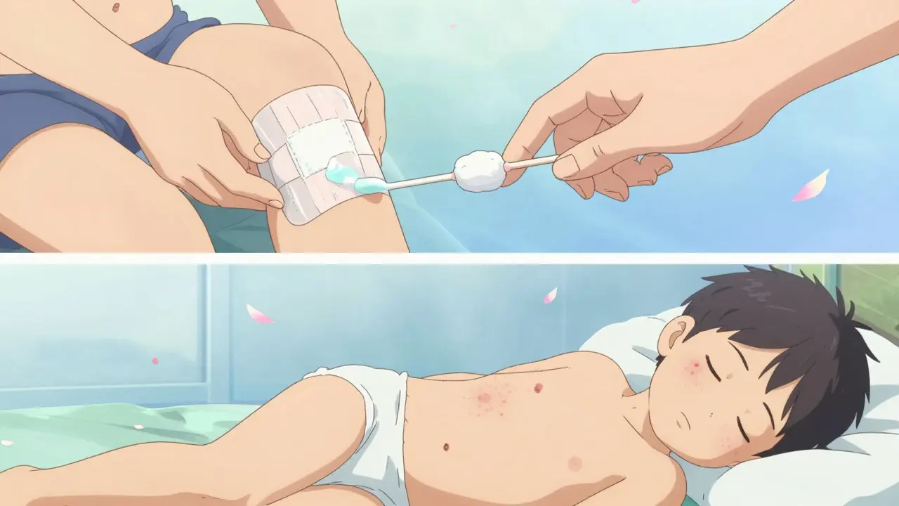 Montage de soins doux : pansement imperméable, crème topique et sommeil paisible, symbolisant la guérison naturelle.