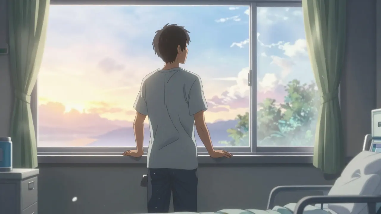 Patient actif et réveillé regardant le soleil levant pour une convalescence rapide et heureuse.