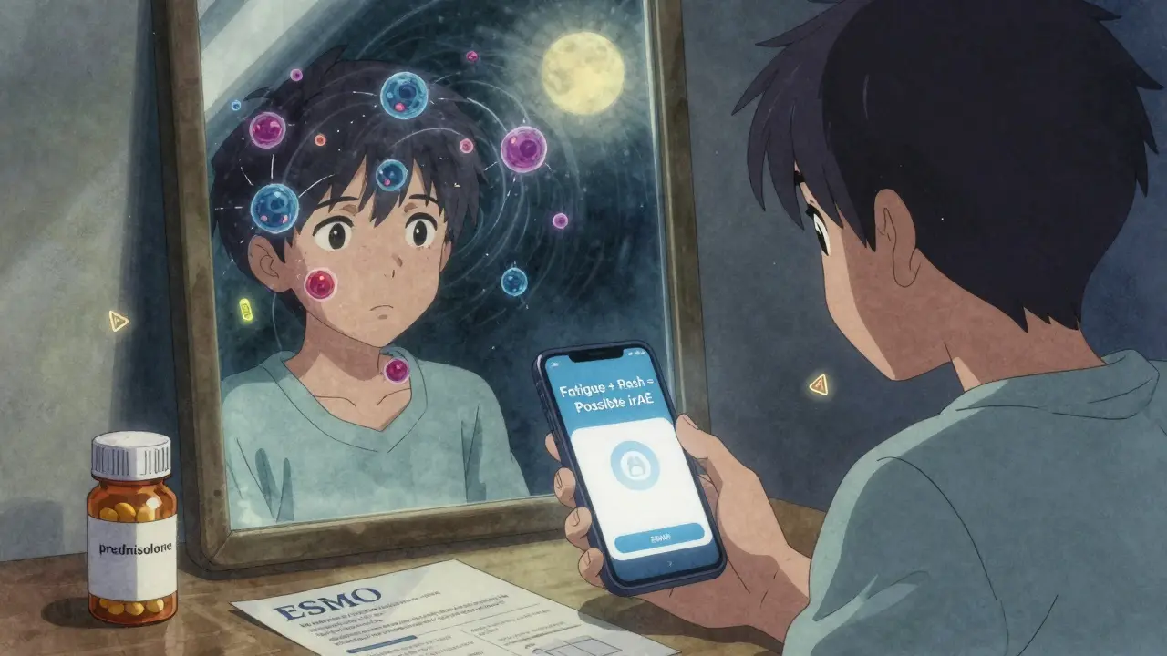 Patient seul la nuit, reflétant une attaque immunitaire dans un miroir, avec une alerte médicale sur son téléphone et un flyer éducatif à côté.