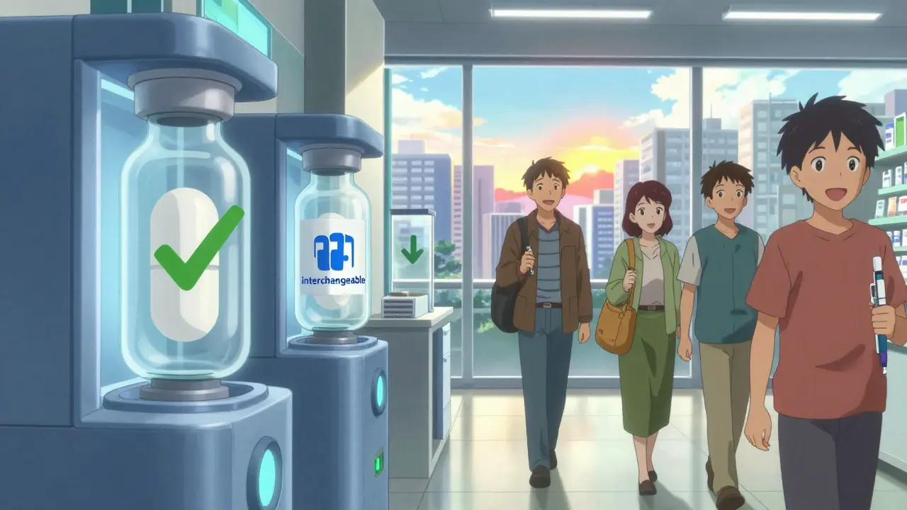 Pharmacie futuriste distribuant des génériques et biosimilaires à des patients souriants, sous un soleil levant.