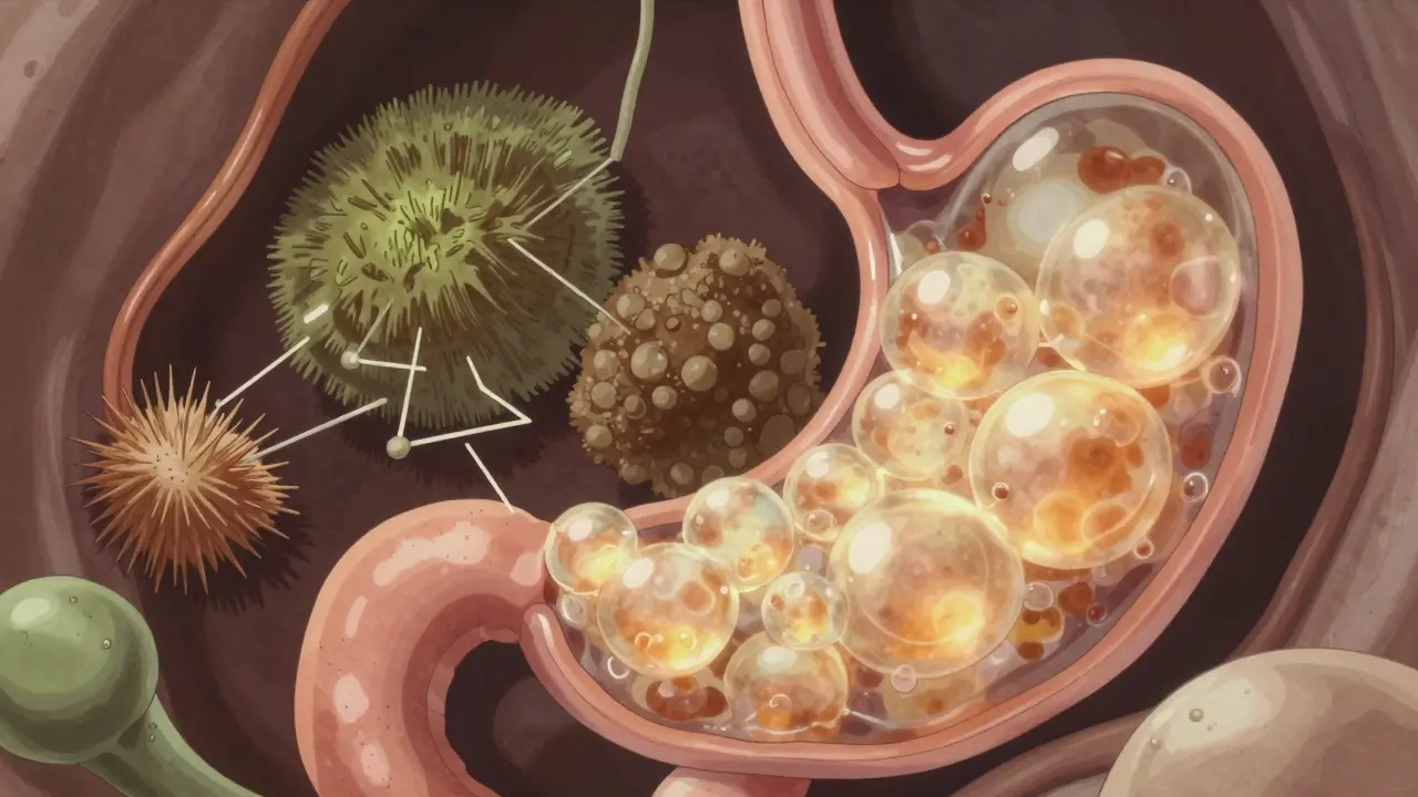 Représentation abstraite du gel de fibre soluble dans l'estomac.
