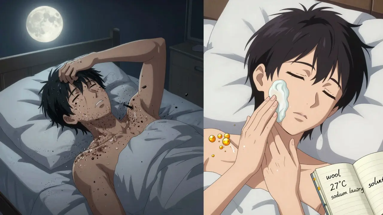 Scène contrastée : grattage nocturne violent à gauche, application apaisante d'émollient à droite, avec un journal de déclencheurs.