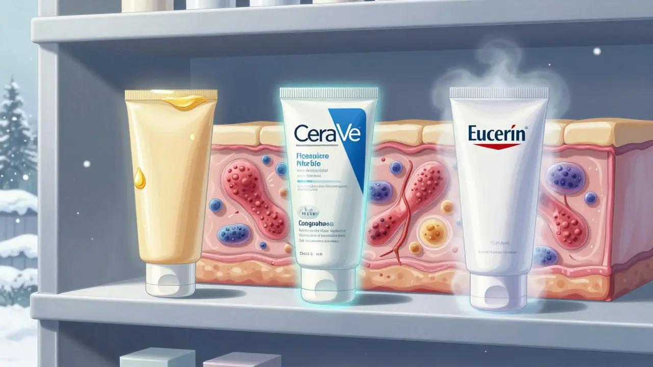 Trois émollients flottants avec signatures visuelles uniques, répulsant des bactéries dans une peau transparente, fond hivernal de Montréal.