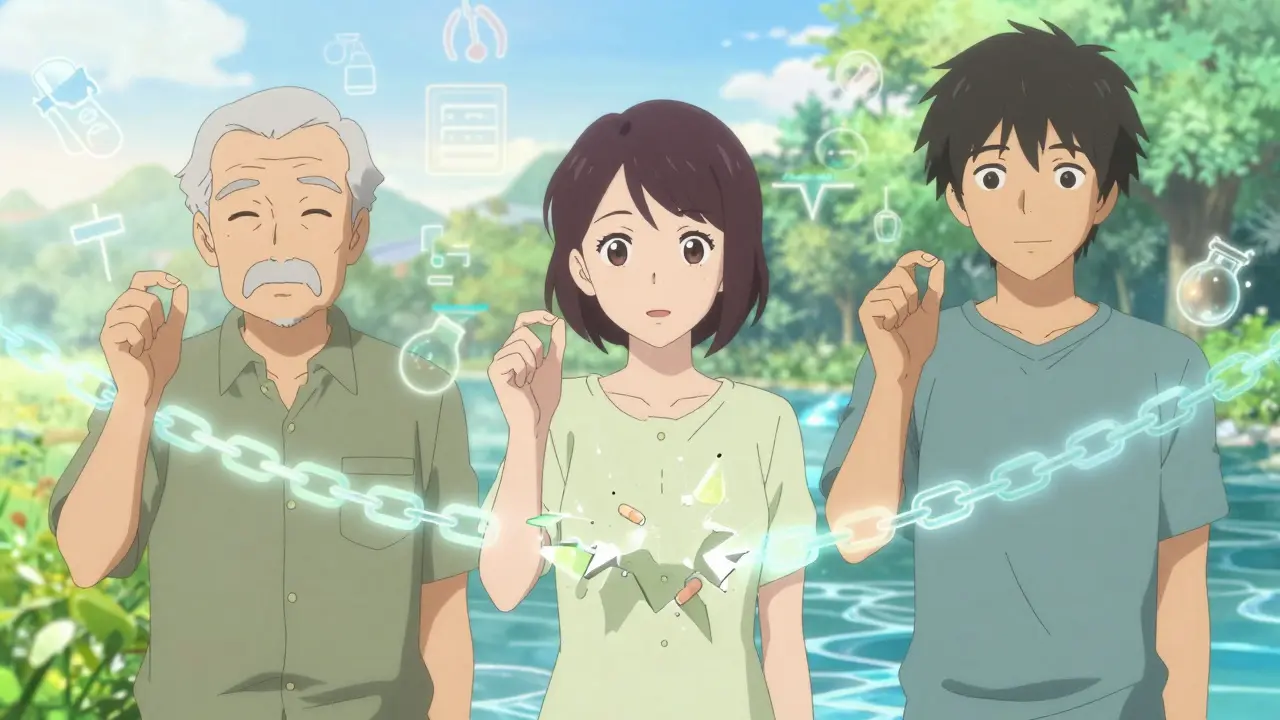 Trois personnes voient leurs liens de médicaments dangereux se briser, symbolisant une revue médicamenteuse sécurisante.