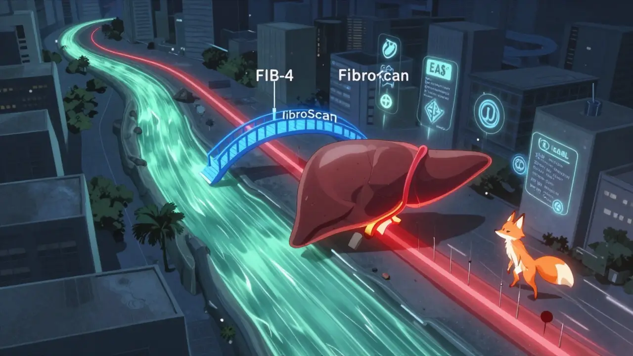 Un chemin visuel montre la séquence diagnostique de la fibrose hépatique : FIB-4, FibroScan, puis biopsie uniquement si nécessaire.