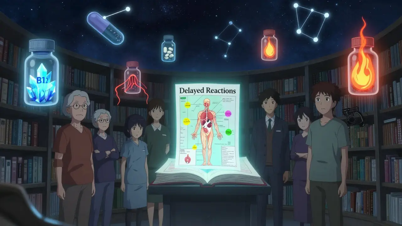 Un groupe de patients dans une bibliothèque de flottants médicamenteux, un livre ouvert révélant une carte du corps en alerte.