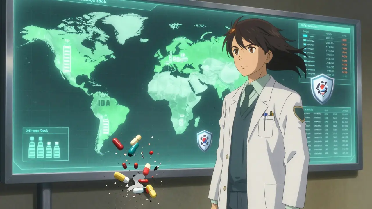 Un inspecteur de la FDA regarde des sites de fabrication mondiaux en hologramme, tandis qu'un faux médicament se désintègre.