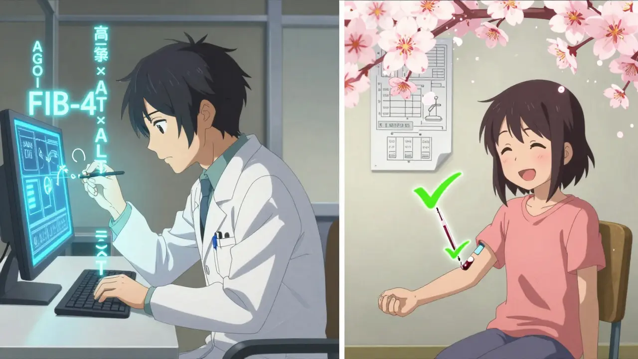 Un médecin calcule le score FIB-4 sur un écran, tandis qu’un patient reçoit une prise de sang avec des signes de risque faible.