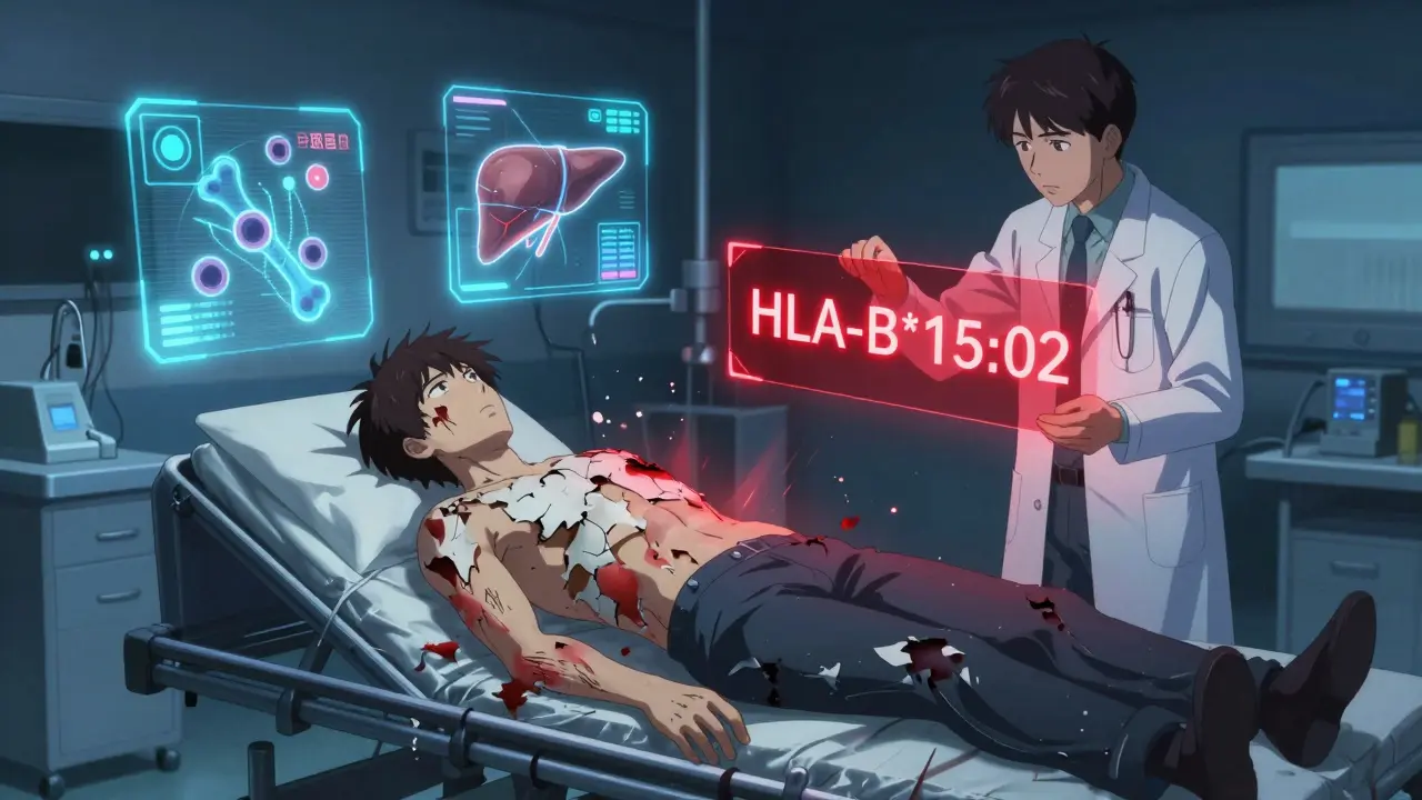 Un patient en urgence avec une peau qui se détache, entouré d'icônes médicales flottantes et d'une séquence génétique rouge.