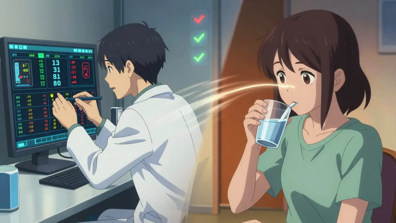 Un pharmacien analyse des données médicales en temps réel tandis qu'un patient prend ses comprimés à domicile.