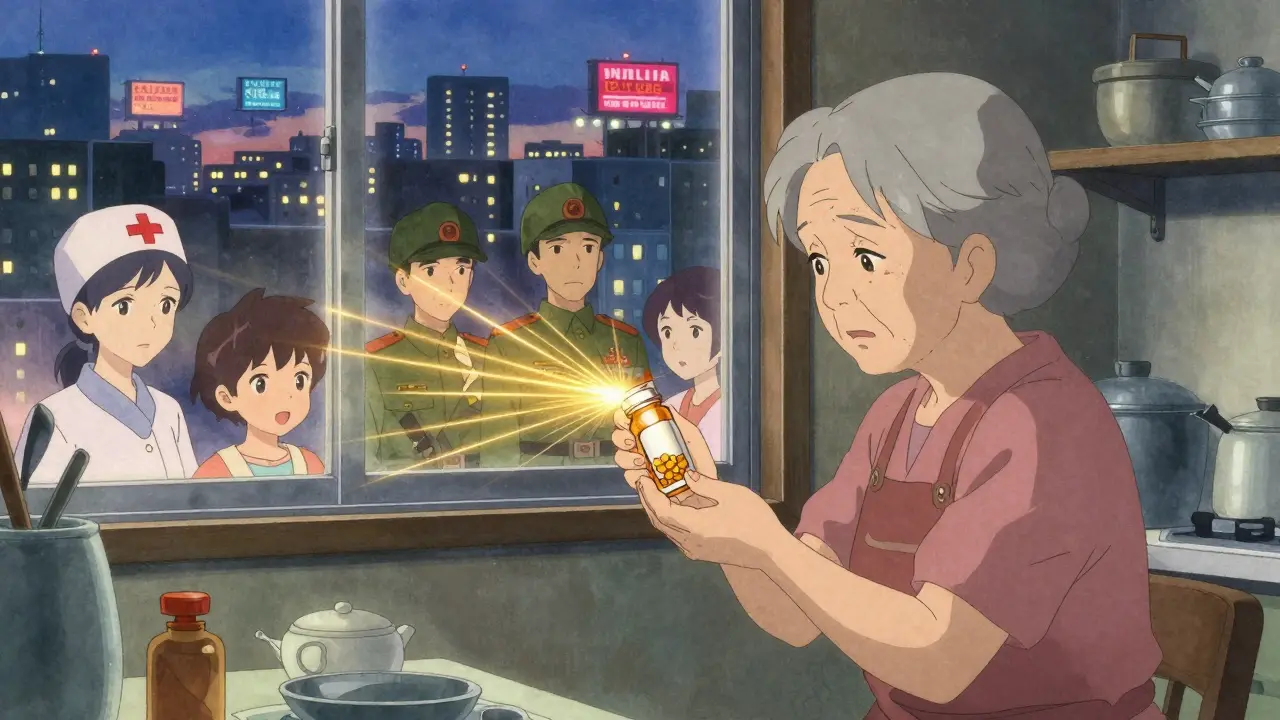 Une femme âgée tenant une boîte de médicaments, des fils lumineux reliant son traitement à des personnes invisibles.