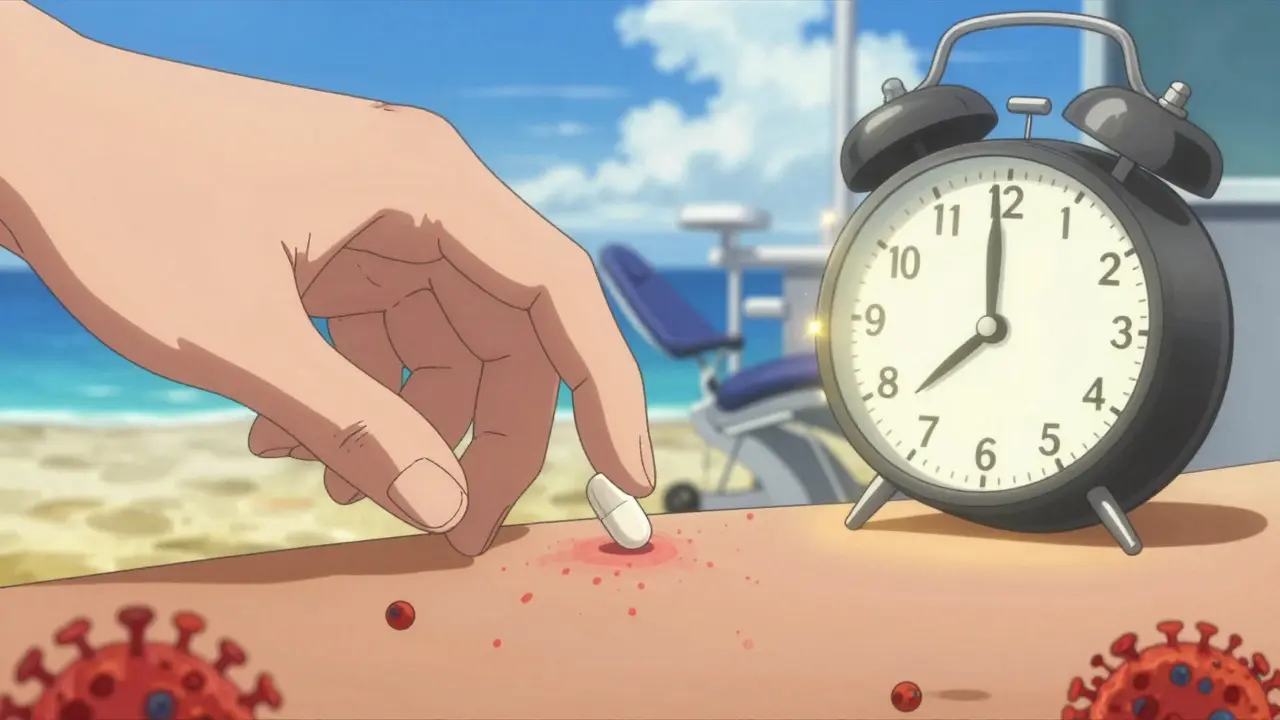 Une main saisissant un comprimé de valacyclovir au moment d'une sensation de picotement, style anime Science SARU.