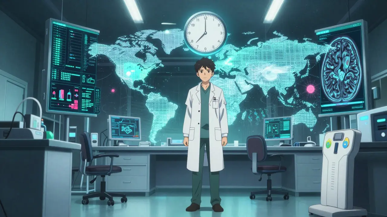 Chercheur analysant des données de pharmacovigilance sur des écrans technologiques.