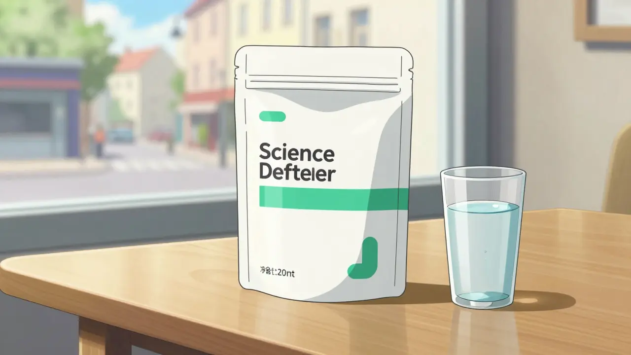 Colis de médicaments sur une table lumineuse près d'une fenêtre ensoleillée.