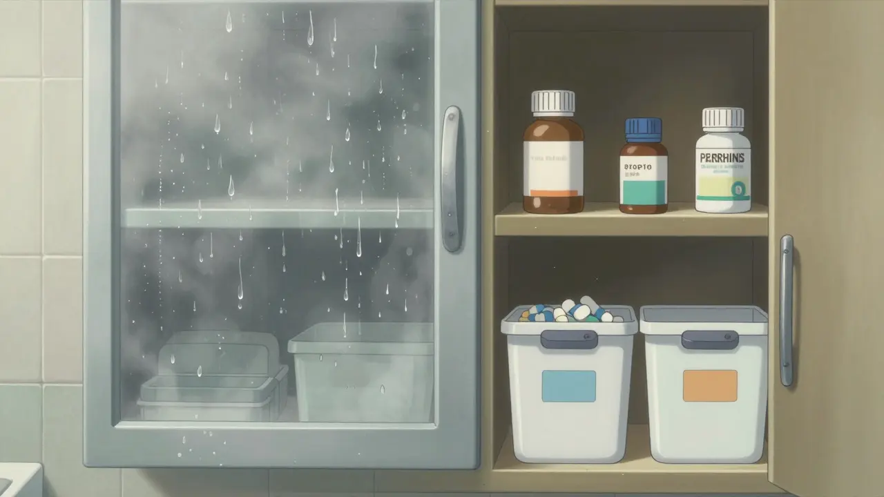 Comparaison entre une armoire de salle de bain humide et un placard haut sécurisé.