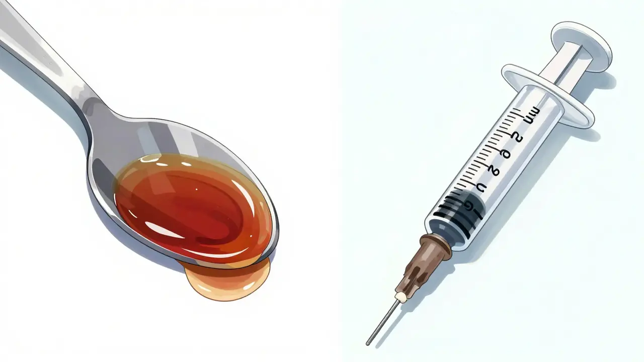 Comparaison visuelle entre une cuillère de cuisine et une seringue graduée en mL.