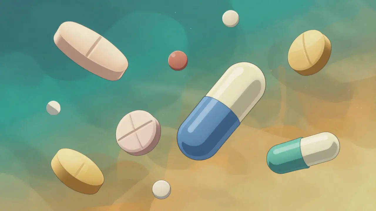 Différentes formes de comprimés de lamotrigine flottant dans un espace abstrait.