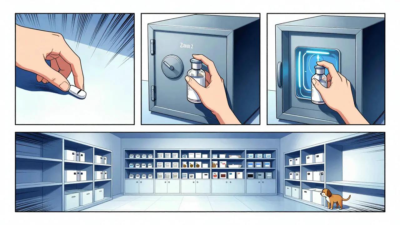 Illustration du système de stockage sécurisé en trois zones pour les médicaments.