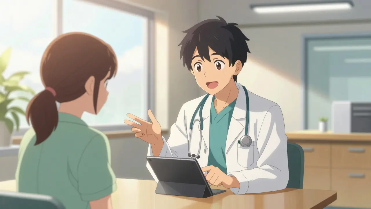 Médecin et patient discutant sereinement d'un nouveau protocole de soin dans une clinique.