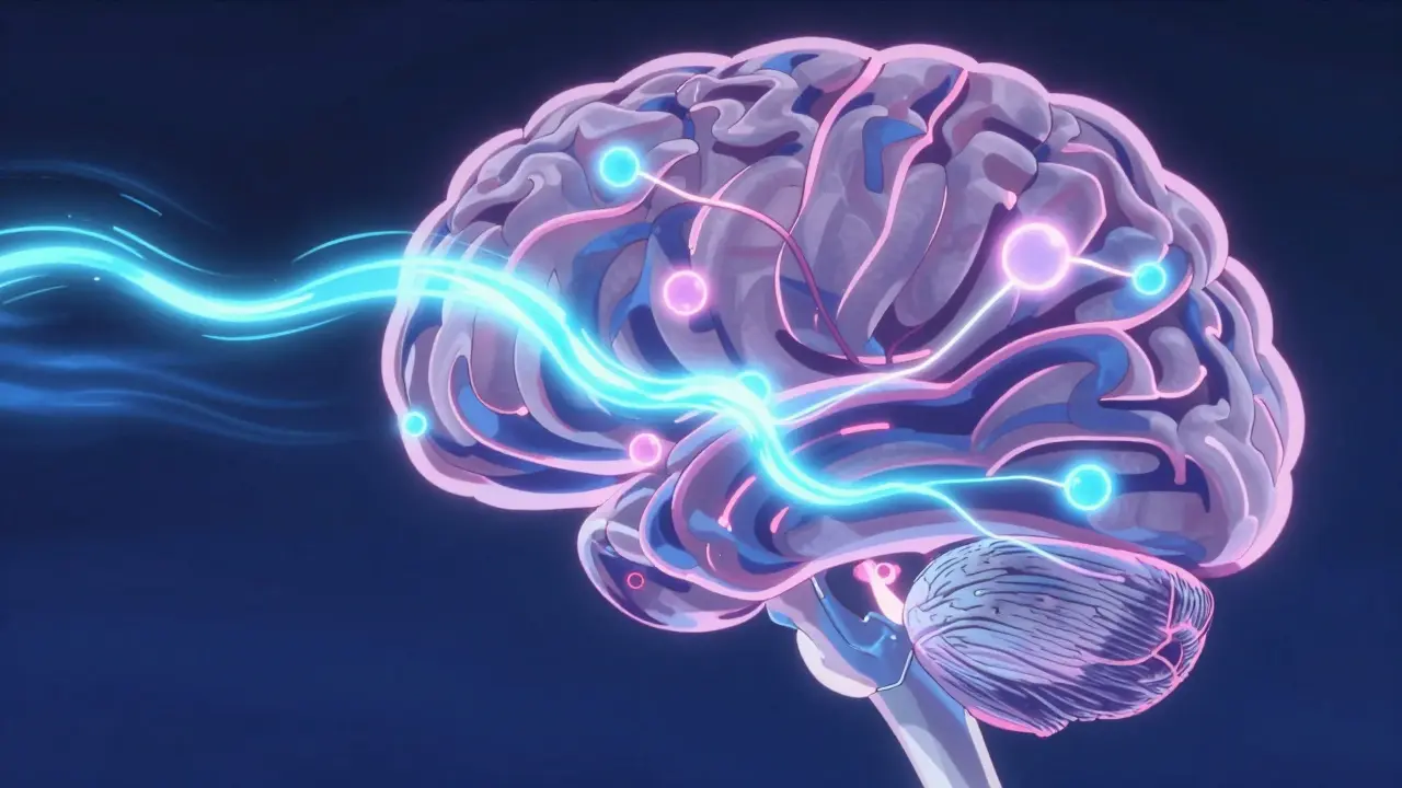 Représentation abstraite et colorée des neurotransmetteurs dans le cerveau.