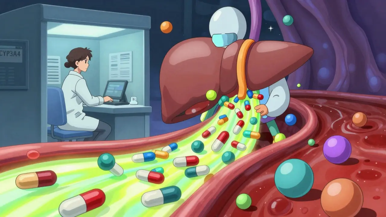 Représentation conceptuelle de l'enzyme CYP3A4 bloquée dans le foie.