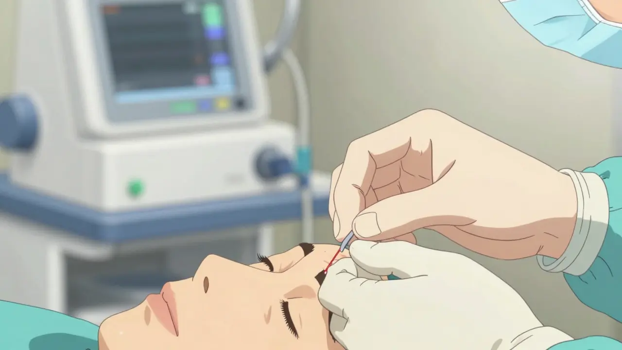 Scène d'anime montrant une intervention chirurgicale précise des paupières.