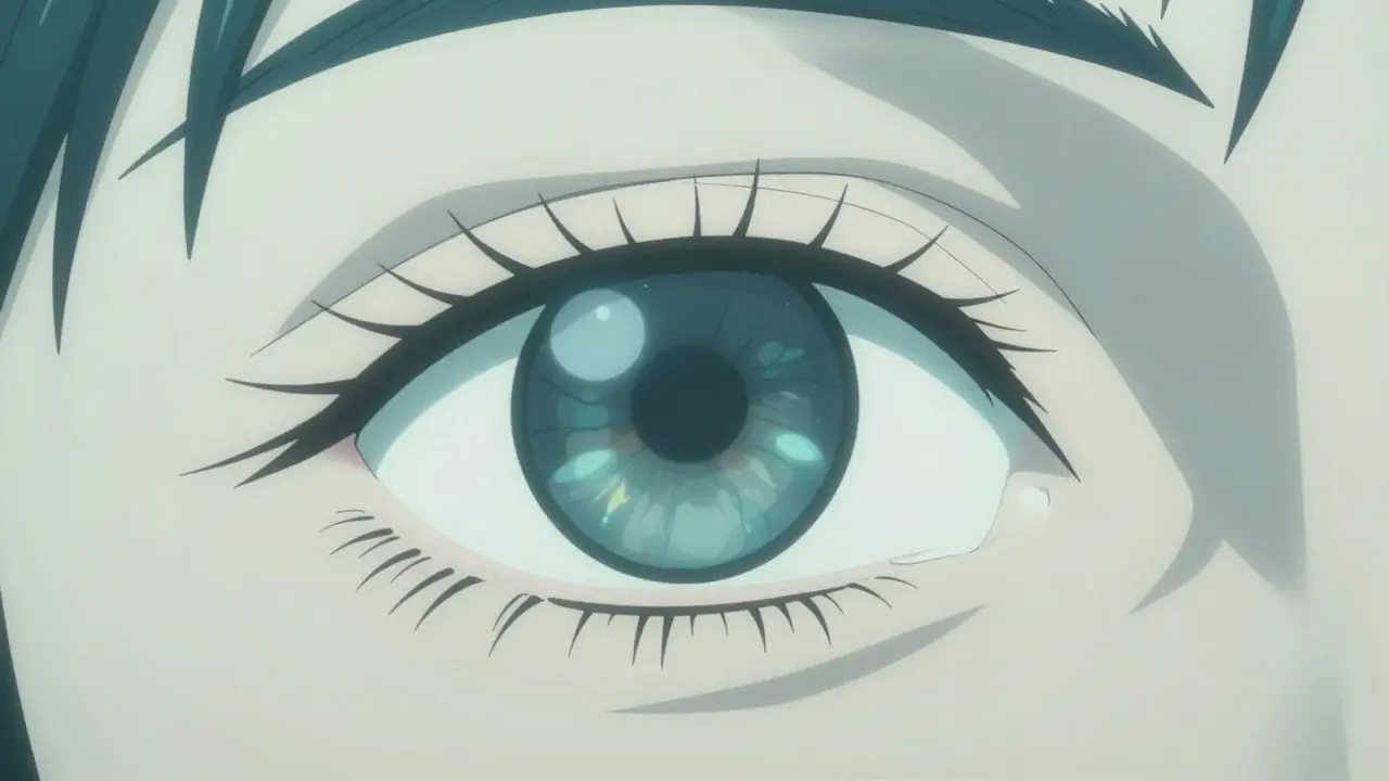 Schéma stylisé anime montrant un entropion avec des cils touchant la cornée.