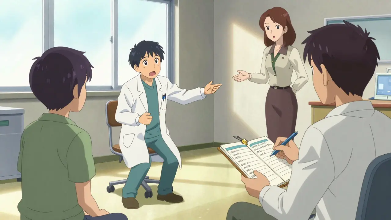 Un accompagnateur prenant des notes lors d'une consultation médicale avec un médecin.