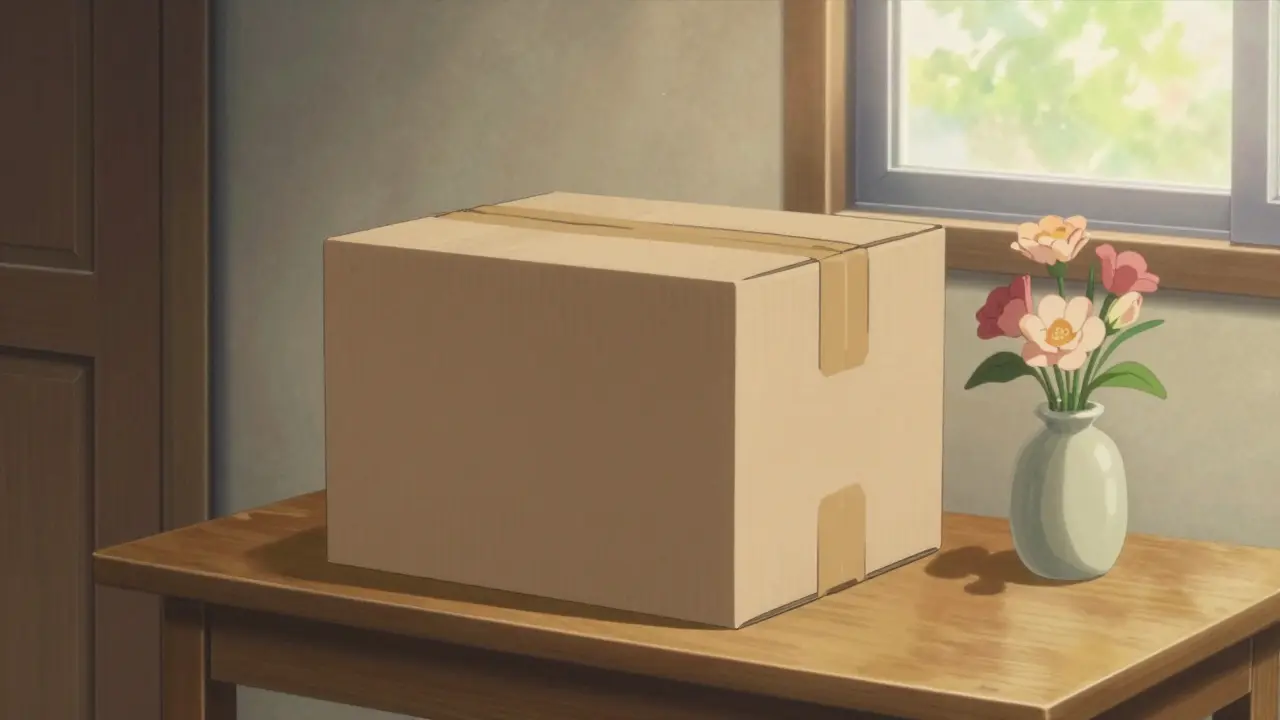 Un colis de livraison discret posé sur une table d'entrée dans un intérieur chaleureux style anime.