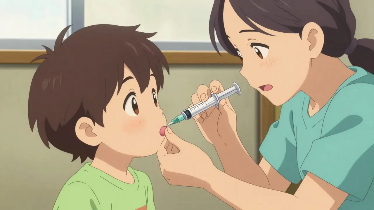 Un parent administrant avec précision un médicament à un enfant via une seringue orale.