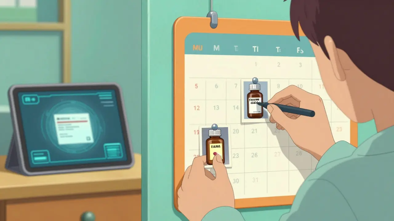 Une personne organisant un calendrier visuel de médicaments avec des photos.