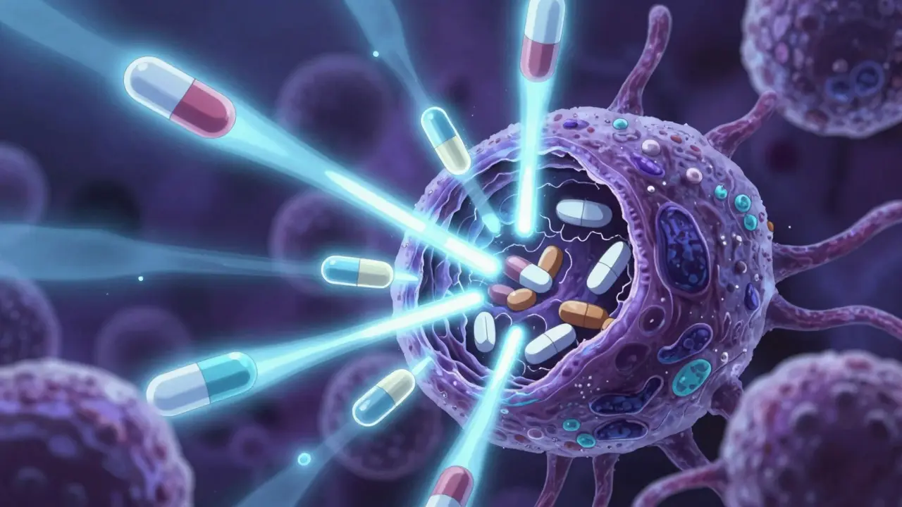 Visualisation microscopique de médicaments détruisant la paroi d'un champignon.