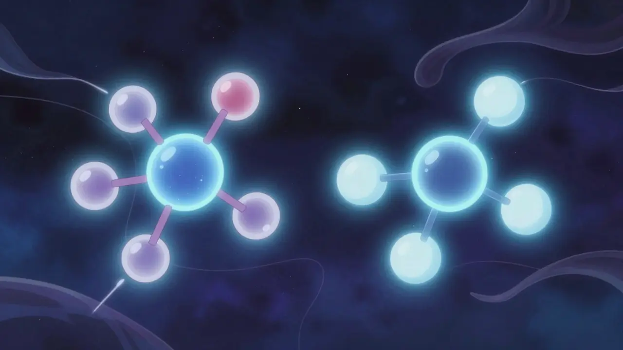 Deux molécules identiques brillent dans l'espace, symbolisant la bioéquivalence des médicaments.