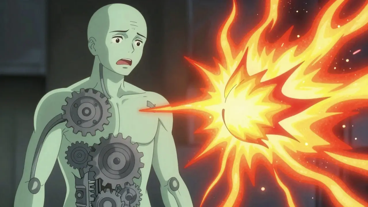 Illustration anime montrant la différence entre effets secondaires et allergies immunitaires.