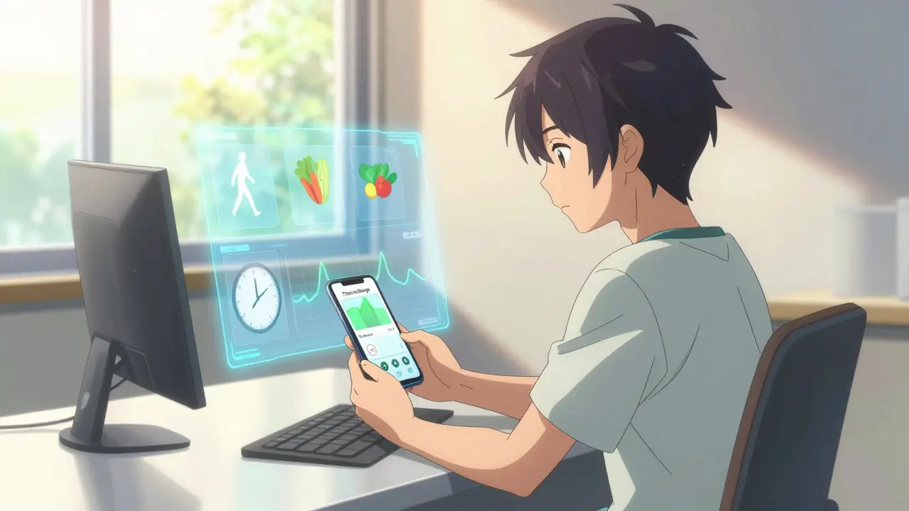Patient calme regardant son graphique glycémique sur smartphone