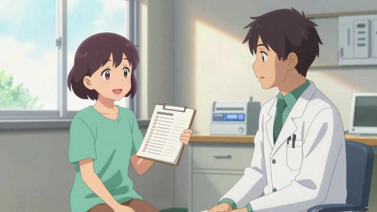 Patient communiquant clairement avec son médecin en tenant un journal de symptômes.