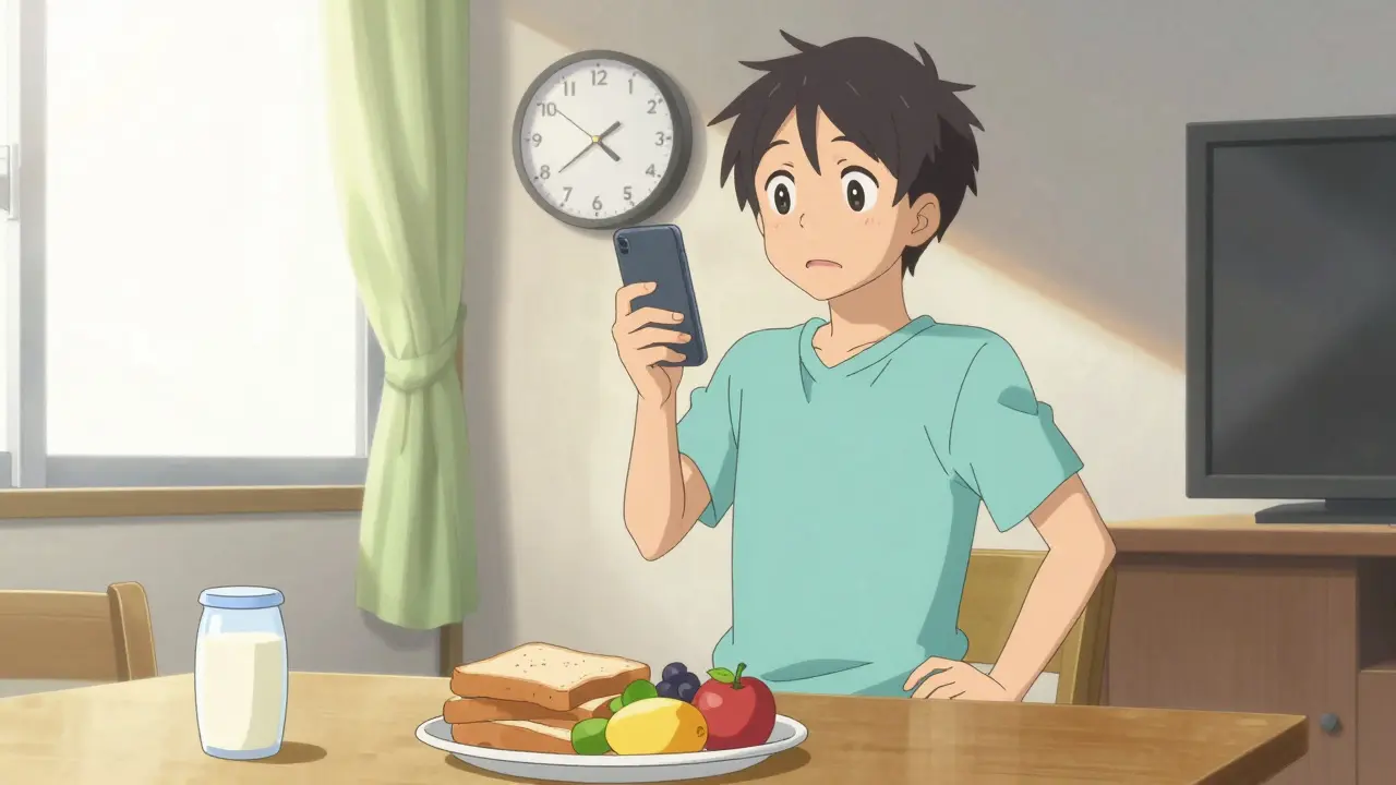 Un patient debout dans une cuisine ensoleillée, attendant la fin de la période avant de prendre son petit-déjeuner.