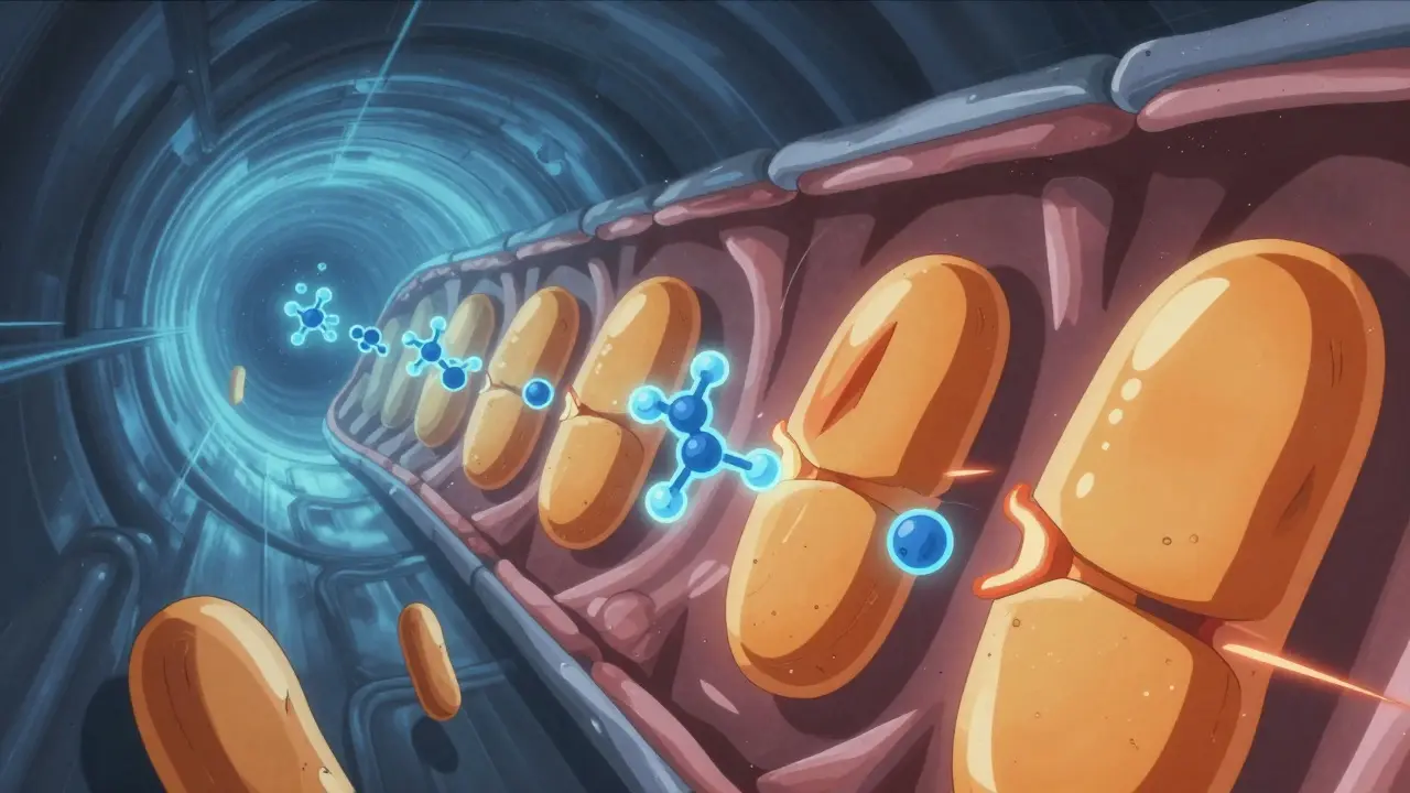 Visualisation abstraite des molécules de médicament bloquées par les ions calcium dans l'estomac.