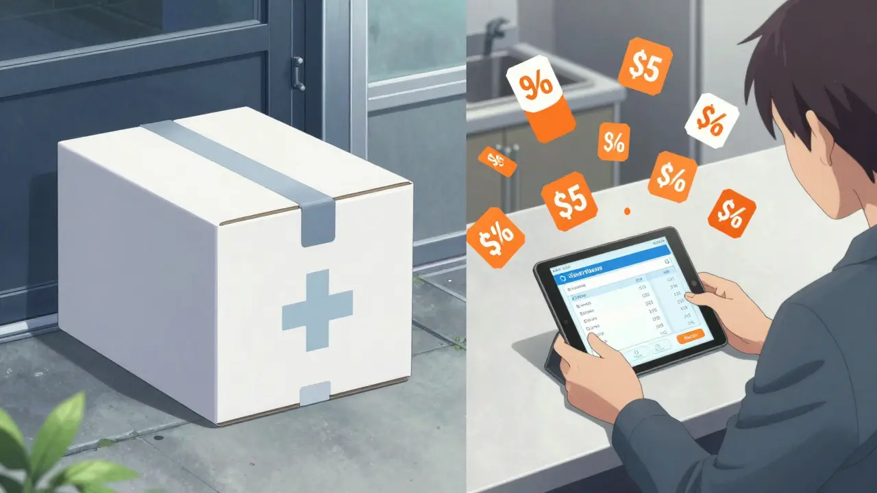 Illustration animée comparant la livraison à domicile et les coupons de réduction