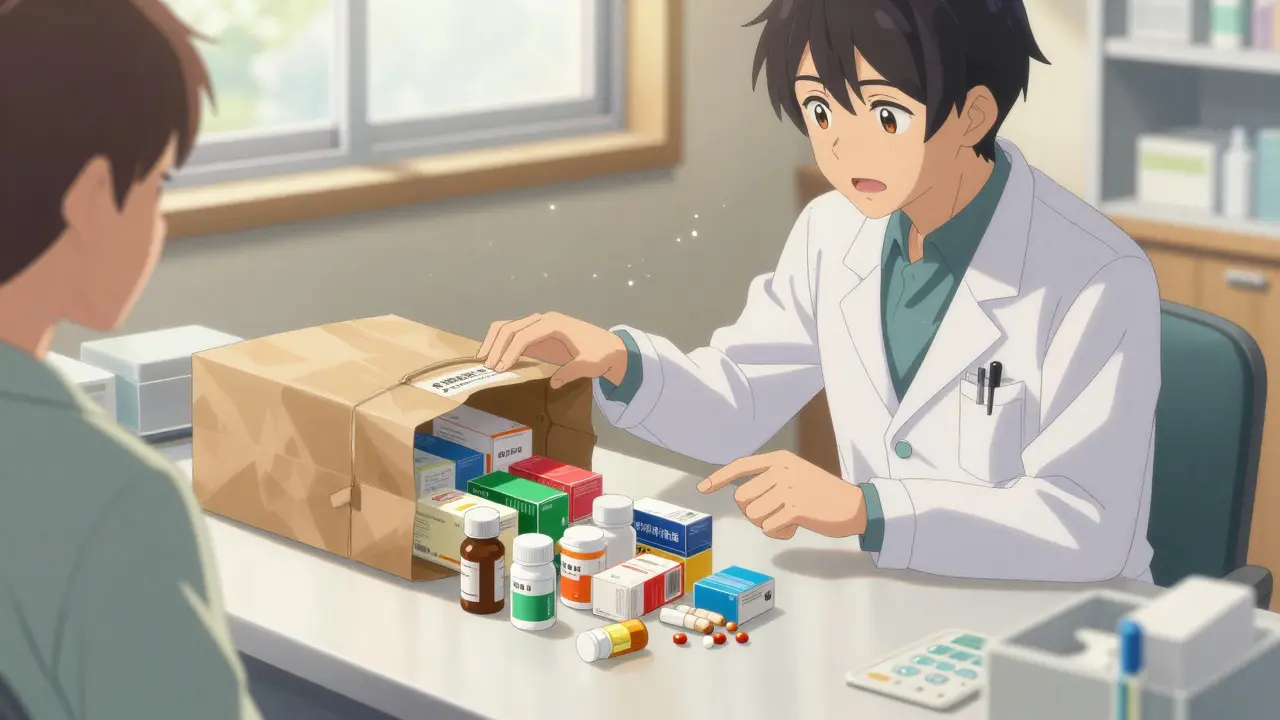 Méthode du sac brun : un patient présente ses boîtes de médicaments à un professionnel de santé.