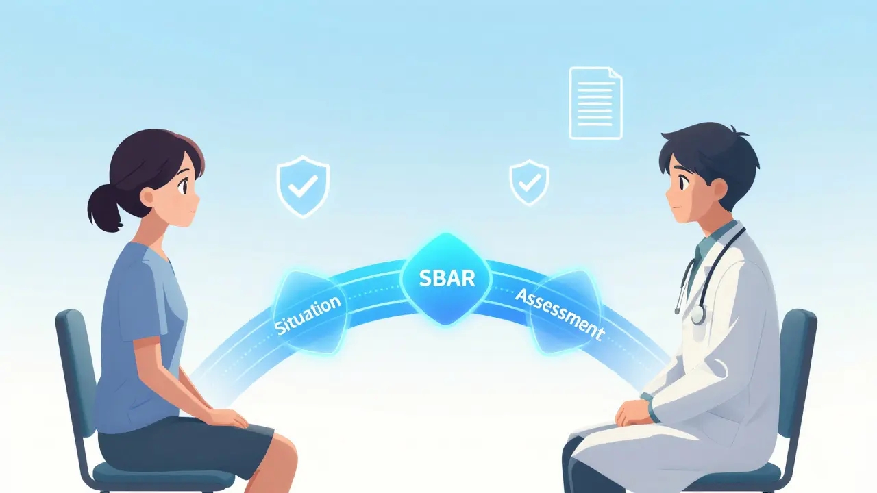 Visualisation abstraite de la méthode SBAR pour une communication médicale claire et sécurisée.