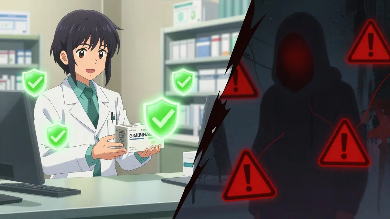 Comparaison visuelle entre pharmacies en ligne sûres et arnaques