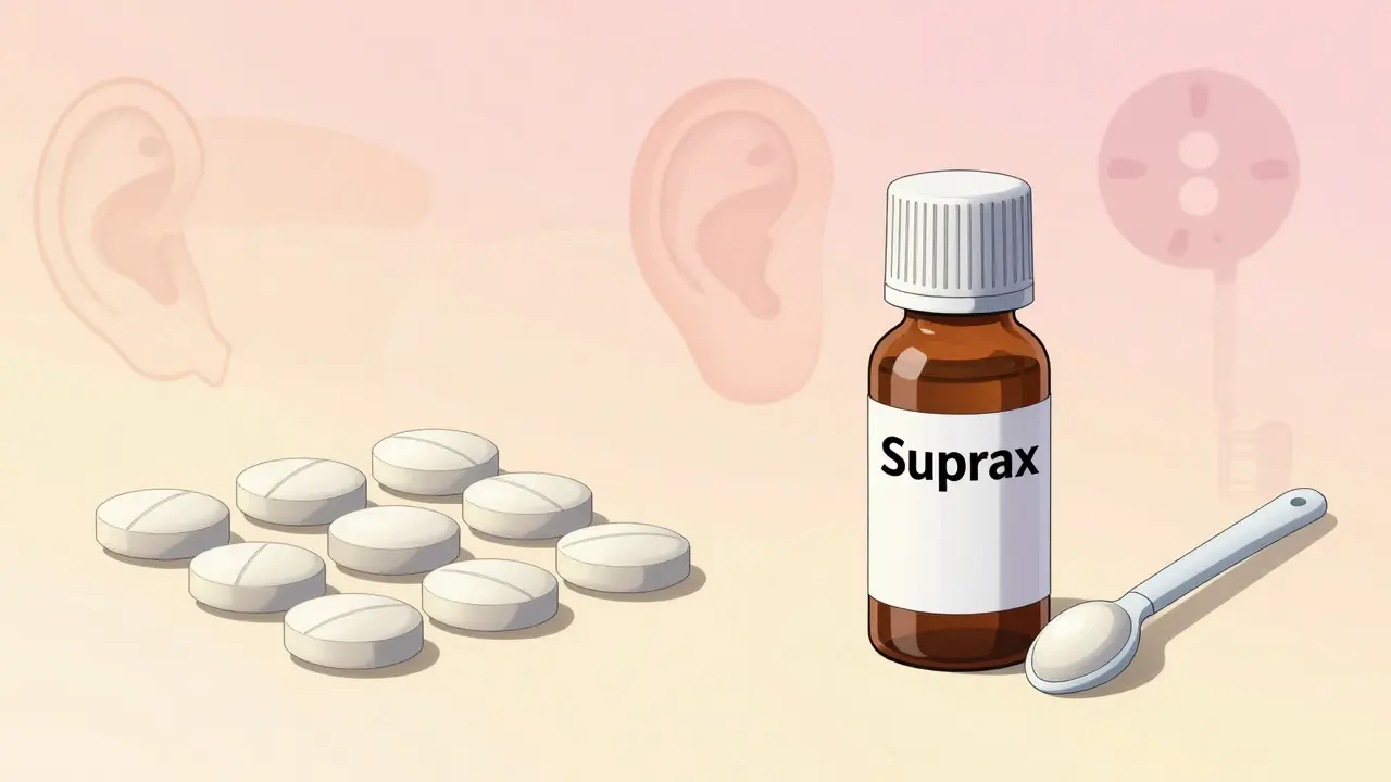 Comprimés et sirop pédiatrique de Suprax présentés clairement