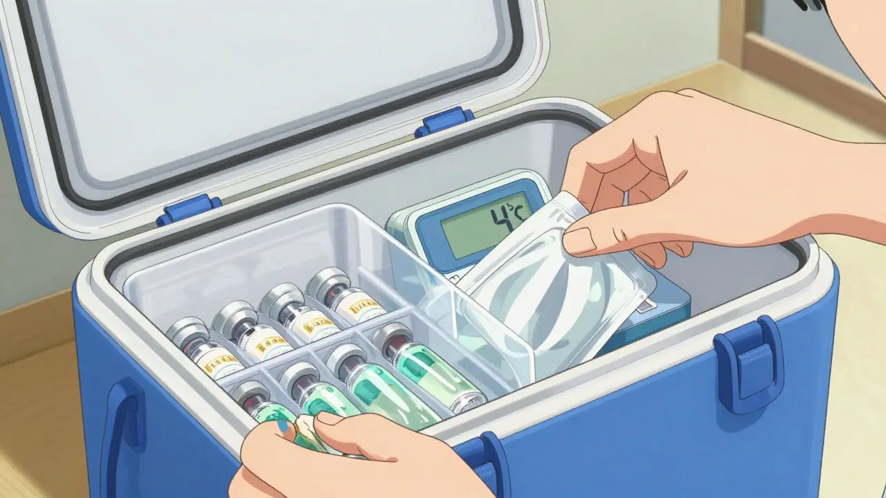 Mains rangeant soigneusement des médicaments dans un cooler isolé
