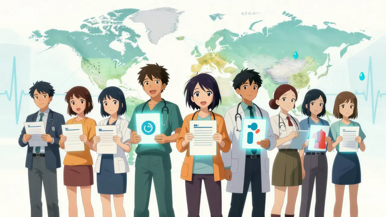 Personnages anime accédant à des soins médicaux transfrontaliers